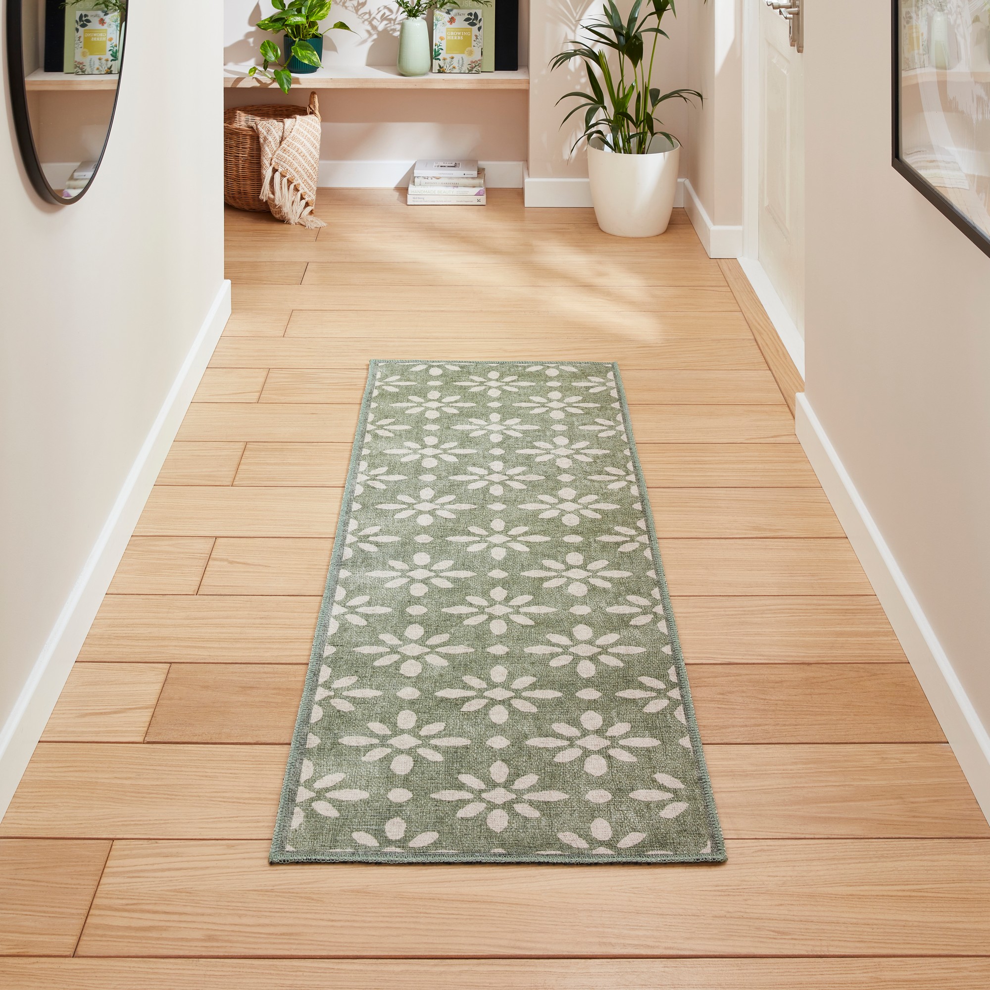 Coral H1062 Modern Washable Geometric Runner Rugs In Green